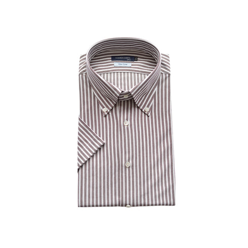 【日本製】 ワイシャツ メンズ 半袖 ビジネス 形態安定 速乾 ノーアイロン ストライプシャツ ボタンダウン ブラウン(SHKN24-063-br)