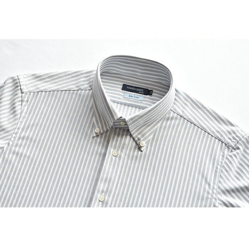 【日本製】 ワイシャツ メンズ 半袖 ビジネス 形態安定 速乾 ノーアイロン ストライプシャツ ボタンダウン サックス(SHKN24-063-sa)