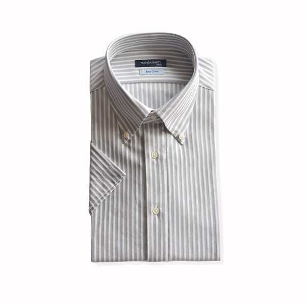 【日本製】 ワイシャツ メンズ 半袖 ビジネス 形態安定 速乾 ノーアイロン ストライプシャツ ボタンダウン グレー(SHKN24-063-gr)