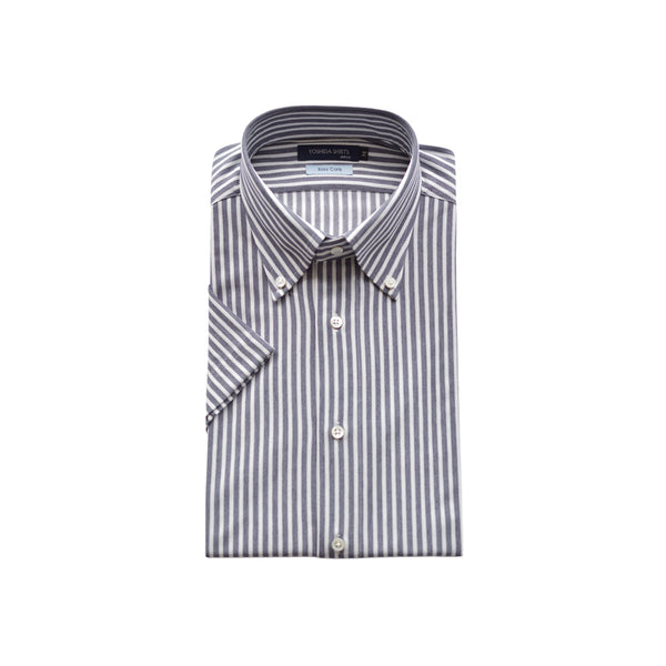 【日本製】 ワイシャツ メンズ 半袖 ビジネス 形態安定 速乾 ノーアイロン ストライプシャツ ボタンダウン ネイビー(SHKN24-063-na)