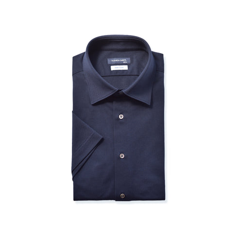 【日本製】 ワイシャツ メンズ 半袖 ビジネス 鹿の子 柔らかい イージーケア ノーアイロン 無地 ワイドカラー ネイビー(SHKN24-065-na)