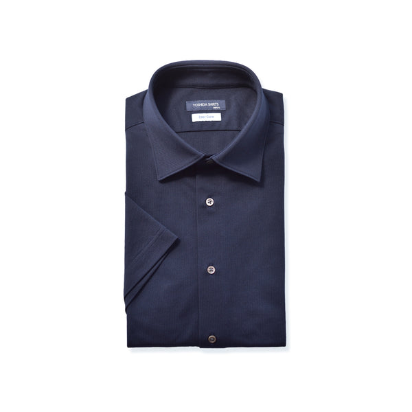 【日本製】 ワイシャツ メンズ 半袖 ビジネス 鹿の子 柔らかい イージーケア ノーアイロン 無地 ワイドカラー ネイビー(SHKN24-065-na)
