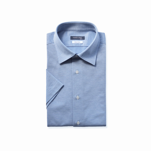 【日本製】 ワイシャツ メンズ 半袖 ビジネス 鹿の子 柔らかい イージーケア ノーアイロン 無地 ワイドカラー サックス(SHKN24-065-sa)