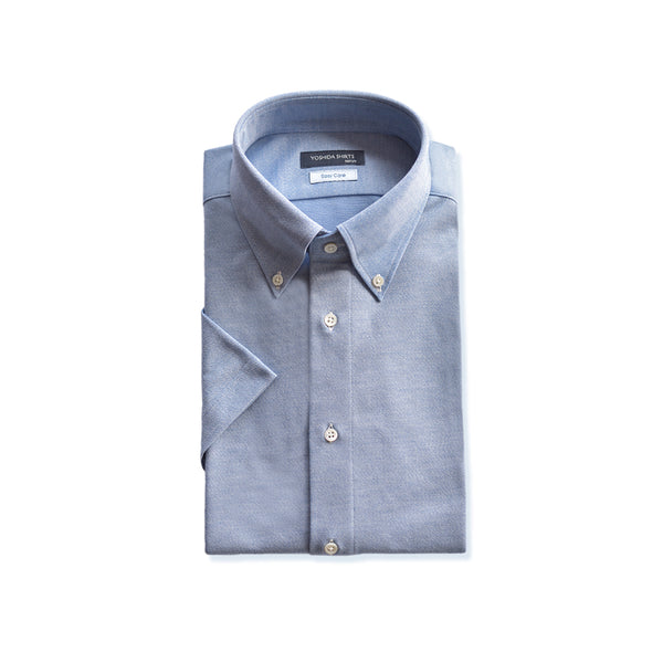 【日本製】 ワイシャツ メンズ 半袖 ビジネス 鹿の子 柔らかい イージーケア ノーアイロン 無地 ボタンダウン サックス(SHKN24-066-sa)