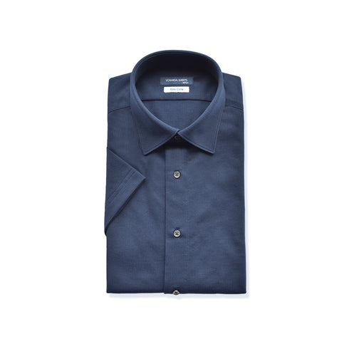 【日本製】 ワイシャツ メンズ 半袖 ビジネスカジュアル イージーケア ノーアイロン 無地 ワイドカラー ハニカムメッシュ ネイビー(SHKN24-067-na)
