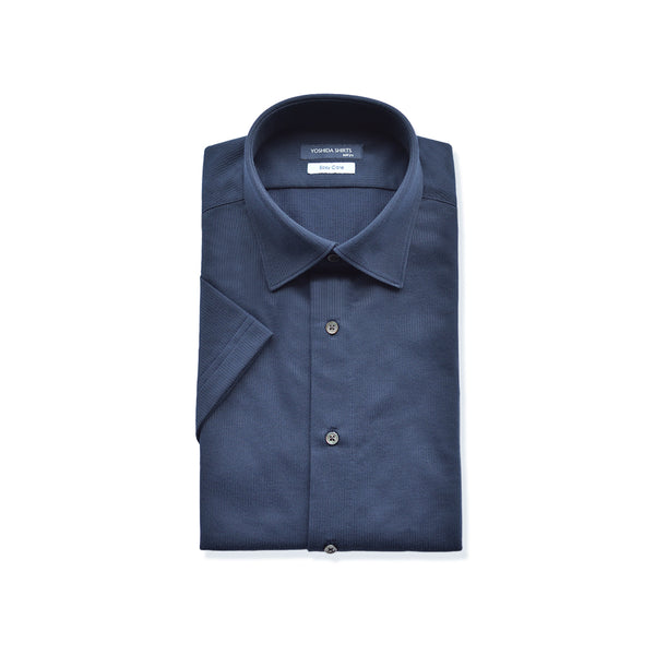 【日本製】 ワイシャツ メンズ 半袖 ビジネスカジュアル イージーケア ノーアイロン 無地 ワイドカラー ハニカムメッシュ ネイビー(SHKN24-067-na)