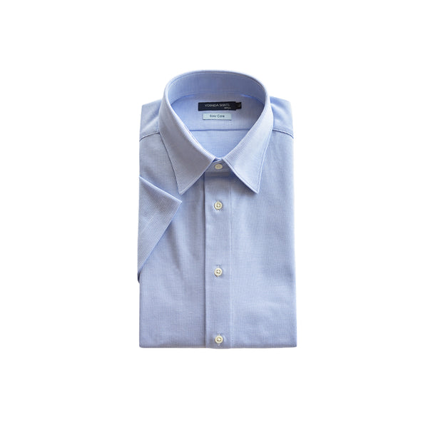 【日本製】 ワイシャツ メンズ ビジネス 半袖 形態安定 ノンアイロン 綿100% ピケストライプ イージーフォーマルシャツ ブルー(SHKN25-101-bl)