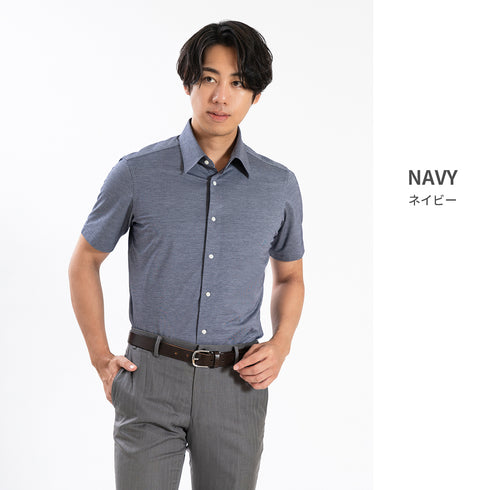 【日本製】 ワイシャツ メンズ ビジネス 半袖 形態安定 ノンアイロン 綿100% 無地 レギュラーカラー イージーフォーマルシャツ ネイビー(SHKN25-102-na)