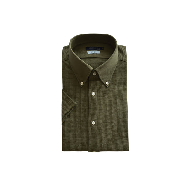 【日本製】 ビジネスシャツ メンズ 半袖 ビジネスカジュアル シアサッカー 吸水速乾 ボタンダウン カーキ(SHKN26-120-kh)