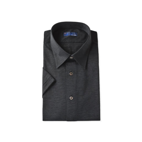 【日本製】 ワイシャツ メンズ 半袖 ビジネス プレミアム リネン100% 柔らかい 無地 レギュラーカラー ブラック(SHKJ23-033-bk)