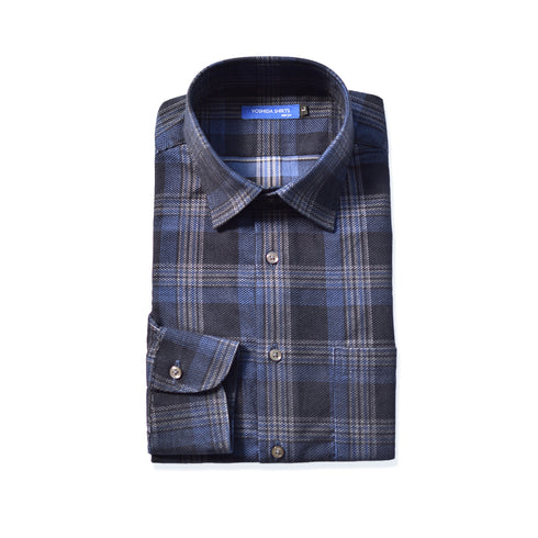 【日本製】チェックシャツ メンズ 長袖 暖かい コーデュロイ レギュラーカラー ブルー(SNFB24-076-bl)