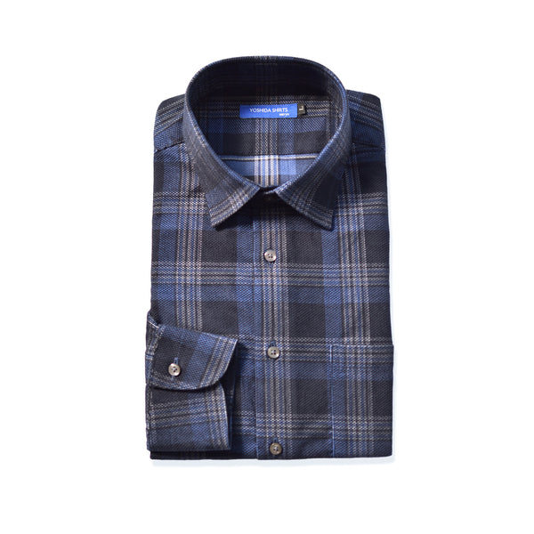 【日本製】チェックシャツ メンズ 長袖 暖かい コーデュロイ レギュラーカラー ブルー(SNFB24-076-bl)