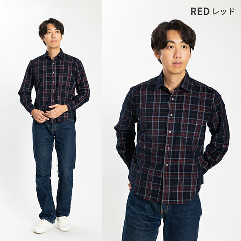 【日本製】チェックシャツ メンズ 長袖 暖かい コーデュロイ レギュラーカラー レッド(SNFB24-076-re)