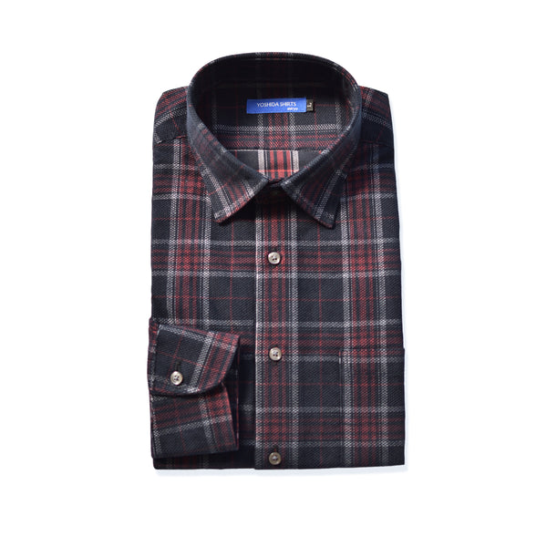 【日本製】チェックシャツ メンズ 長袖 暖かい コーデュロイ レギュラーカラー レッド(SNFB24-076-re)