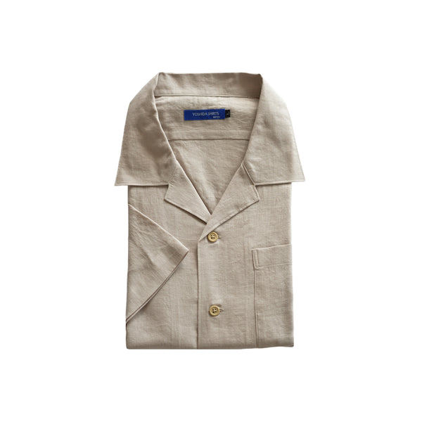 【日本製】 カジュアルシャツ メンズ 半袖 フレンチリネン 麻綿 無地 オープンカラー ベージュ(SNFB26-119-be)