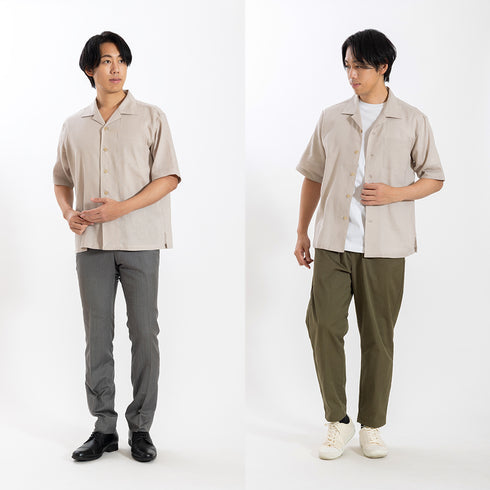 【日本製】 カジュアルシャツ メンズ 半袖 フレンチリネン 麻綿 無地 オープンカラー ネイビー(SNFB26-119-na)