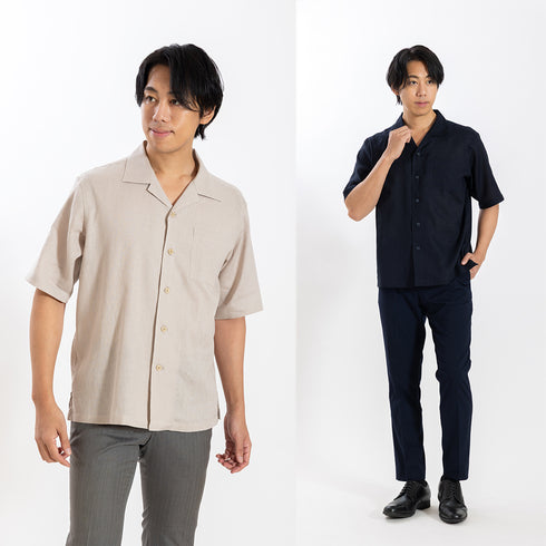 【日本製】 カジュアルシャツ メンズ 半袖 フレンチリネン 麻綿 無地 オープンカラー ネイビー(SNFB26-119-na)