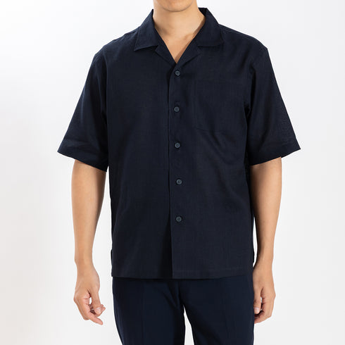 【日本製】 カジュアルシャツ メンズ 半袖 フレンチリネン 麻綿 無地 オープンカラー ネイビー(SNFB26-119-na)