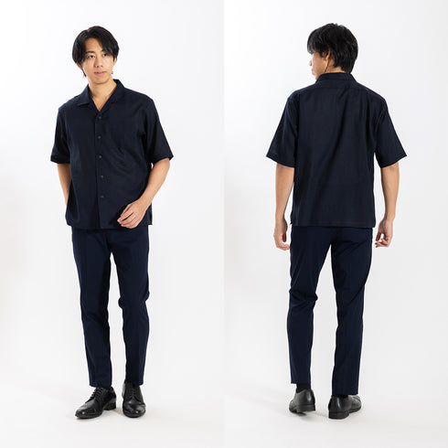 【日本製】 カジュアルシャツ メンズ 半袖 フレンチリネン 麻綿 無地 オープンカラー ネイビー(SNFB26-119-na)