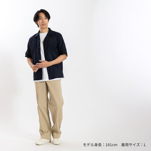 【日本製】 カジュアルシャツ メンズ 半袖 フレンチリネン 麻綿 無地 オープンカラー ネイビー(SNFB26-119-na)