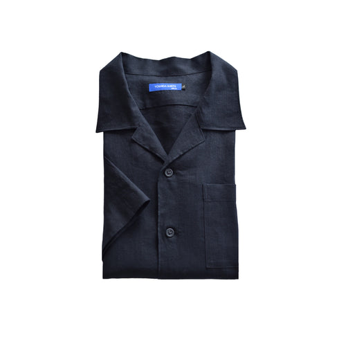 【日本製】 カジュアルシャツ メンズ 半袖 フレンチリネン 麻綿 無地 オープンカラー ネイビー(SNFB26-119-na)