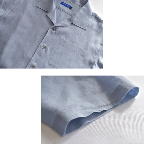 【日本製】 カジュアルシャツ メンズ 半袖 フレンチリネン 麻綿 無地 オープンカラー ネイビー(SNFB26-119-na)