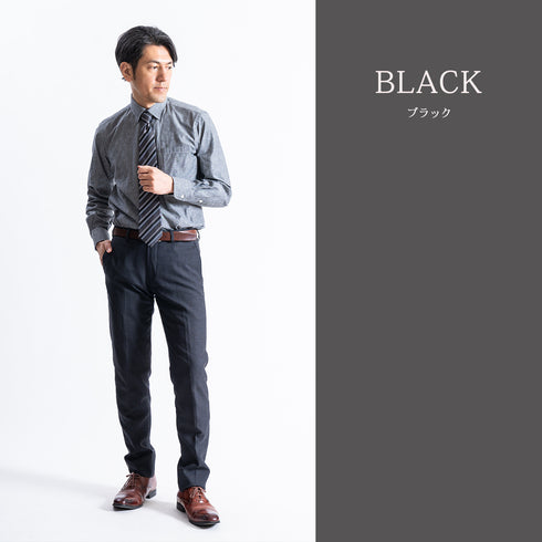 【日本製】 ワイシャツ メンズ ビジネス 長袖 ダンガリーシャツ 無地 レギュラーカラー ブラック(SNFG23-047-bk)