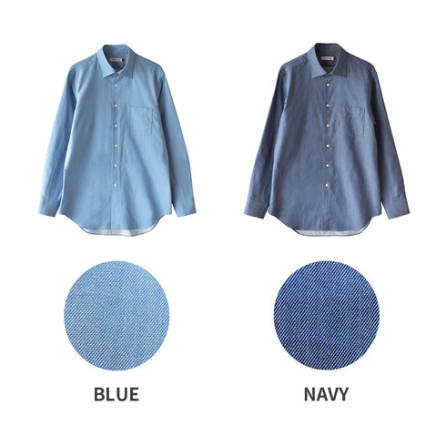 【日本製】 デニムシャツ メンズ 長袖 ビジネス ワイシャツ 無地 セミワイドカラー ブルー(SNFG24-086-bl)