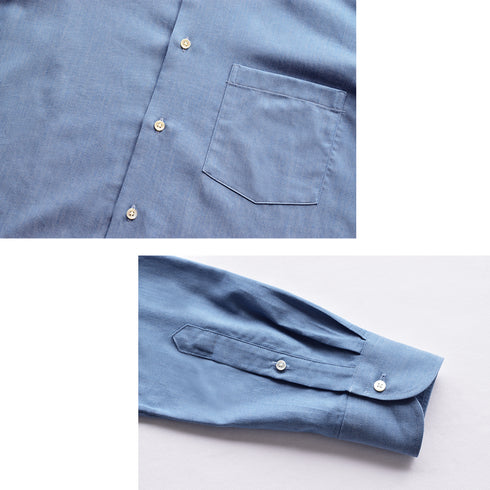 【日本製】 デニムシャツ メンズ 長袖 ビジネス ワイシャツ 無地 セミワイドカラー ブルー(SNFG24-086-bl)