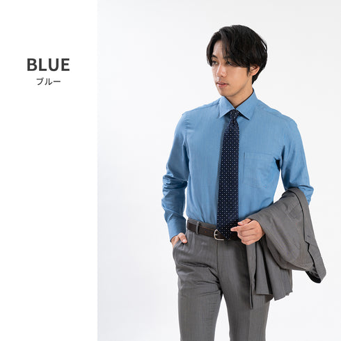 【日本製】 デニムシャツ メンズ 長袖 ビジネス ワイシャツ 無地 セミワイドカラー ブルー(SNFG24-086-bl)