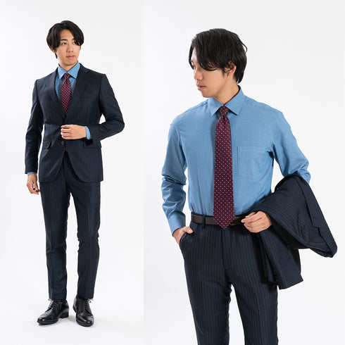 【日本製】 デニムシャツ メンズ 長袖 ビジネス ワイシャツ 無地 セミワイドカラー ブルー(SNFG24-086-bl)