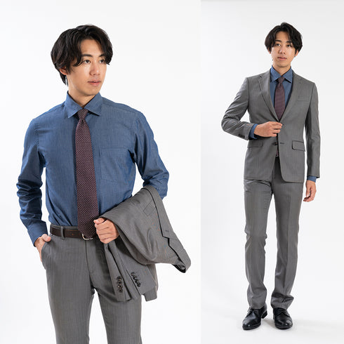 【日本製】 デニムシャツ メンズ 長袖 ビジネス ワイシャツ 無地 セミワイドカラー ブルー(SNFG24-086-bl)