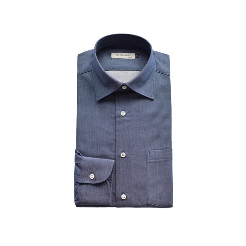 【日本製】 デニムシャツ メンズ 長袖 ビジネス ワイシャツ 無地 セミワイドカラー ネイビー(SNFG24-086-na)