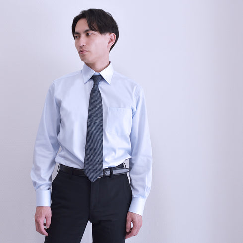 【日本製】 ワイシャツ メンズ 長袖 ビジネス 形態安定 綿100% レギュラーカラー ドビーコットン サックス(SNFG25-105-sa)