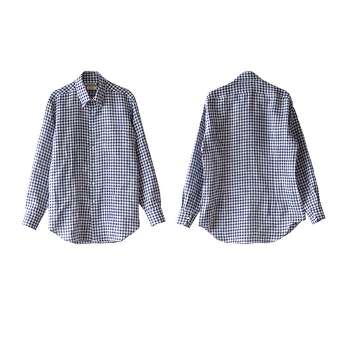 【日本製】 リネンチェックシャツ メンズ 長袖 ビジネス カジュアル 麻100% ボタンダウン ネイビー(SNFG26-118-na)