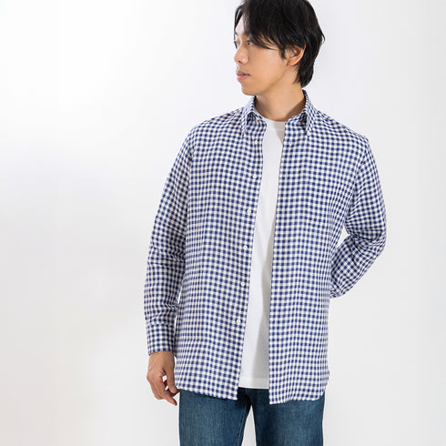 【日本製】 リネンチェックシャツ メンズ 長袖 ビジネス カジュアル 麻100% ボタンダウン ネイビー(SNFG26-118-na)