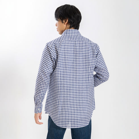 【日本製】 リネンチェックシャツ メンズ 長袖 ビジネス カジュアル 麻100% ボタンダウン ネイビー(SNFG26-118-na)