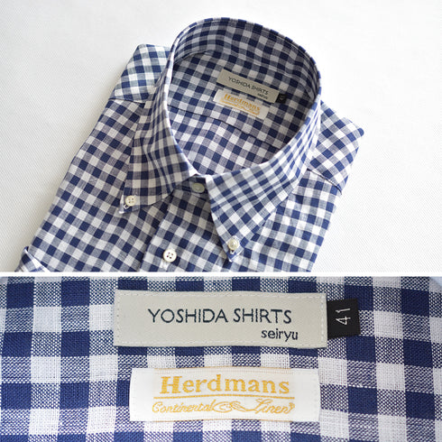 【日本製】 リネンチェックシャツ メンズ 長袖 ビジネス カジュアル 麻100% ボタンダウン ネイビー(SNFG26-118-na)