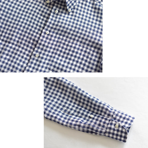 【日本製】 リネンチェックシャツ メンズ 長袖 ビジネス カジュアル 麻100% ボタンダウン ネイビー(SNFG26-118-na)