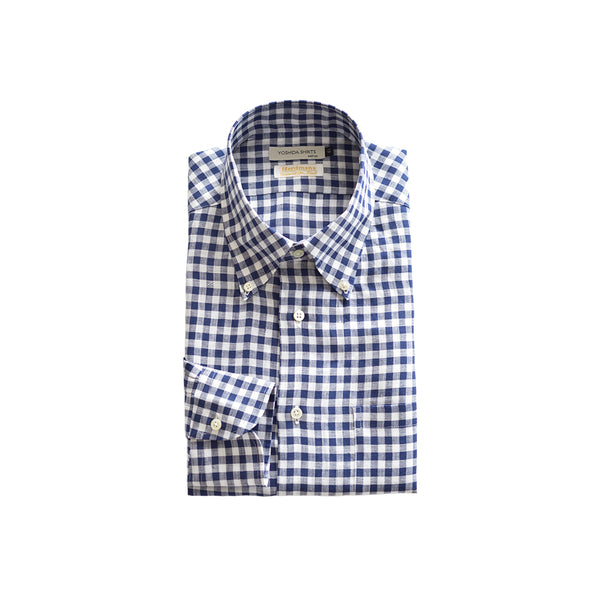 【日本製】 リネンチェックシャツ メンズ 長袖 ビジネス カジュアル 麻100% ボタンダウン ネイビー(SNFG26-118-na)