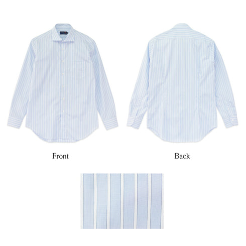 【日本製】 ワイシャツ メンズ 長袖 ビジネス ワイドカラー ストライプシャツ スーピマコットン 綿100% サックス(SNFS22-018-sa)