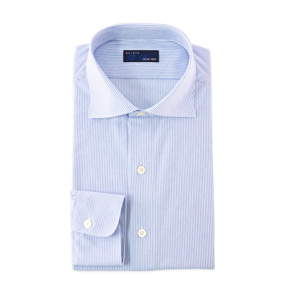 【日本製】 ワイシャツ メンズ 長袖 ビジネス ストレッチ イージーケア ノーアイロン ストライプ ワイドカラー ブルー(SNKJ22-020-bl)