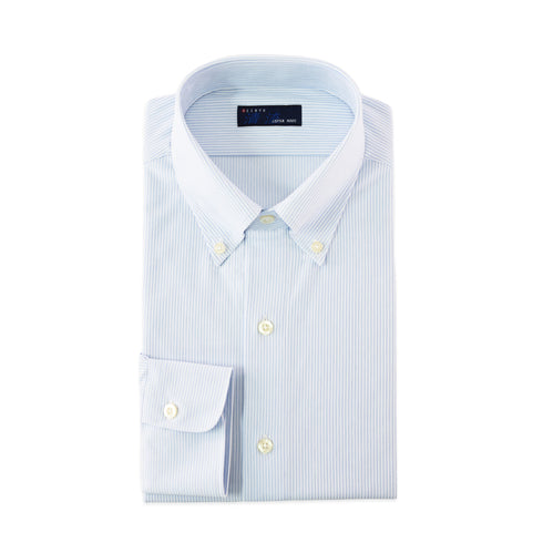 【日本製】 ワイシャツ メンズ 長袖 ビジネス ストレッチ イージーケア ノーアイロン ストライプ ボタンダウン サックス(SNKJ22-021-sa)