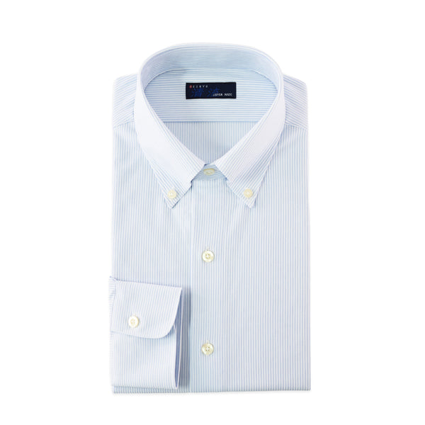 【日本製】 ワイシャツ メンズ 長袖 ビジネス ストレッチ イージーケア ノーアイロン ストライプ ボタンダウン サックス(SNKJ22-021-sa)