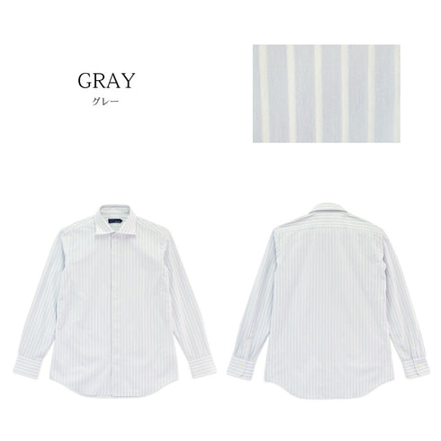 【日本製】ワイシャツ メンズ 長袖 ビジネス カジュアル イージーケア ノーアイロン ワイドカラー ストライプ クールマックス グレー(SNKJ22-016-gr)