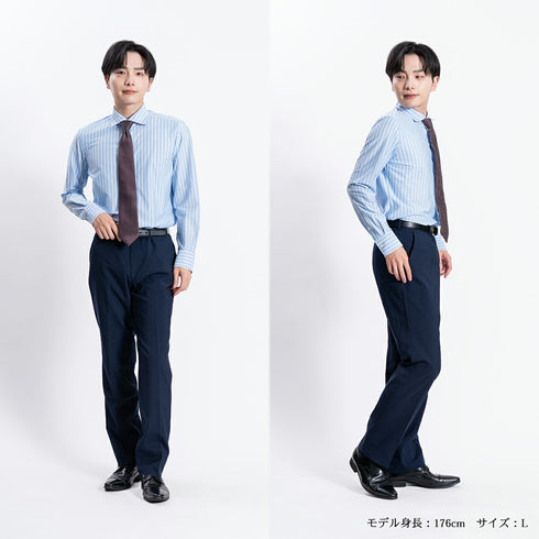 【日本製】ワイシャツ メンズ 長袖 ビジネス カジュアル イージーケア ノーアイロン ワイドカラー クールマックス サックス(SNKJ22-016-sa)