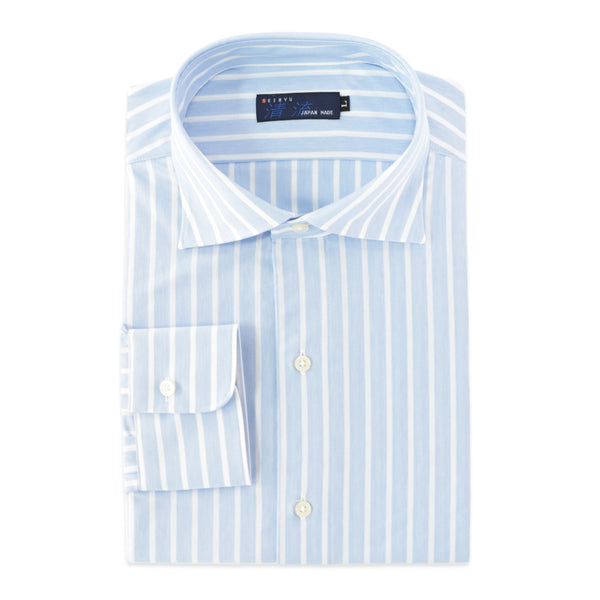 【日本製】ワイシャツ メンズ 長袖 ビジネス カジュアル イージーケア ノーアイロン ワイドカラー クールマックス サックス(SNKJ22-016-sa)
