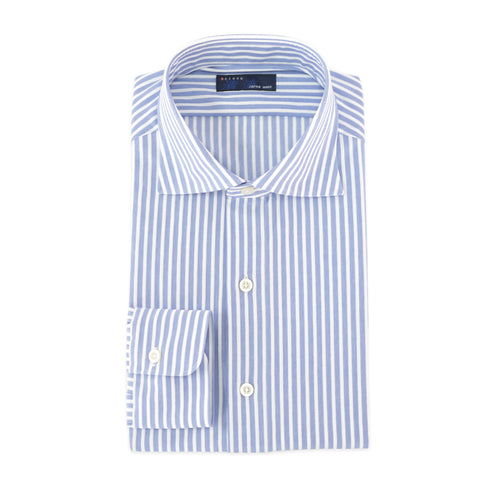 【日本製】長袖 ビジネスシャツ イージーケア ノンアイロン ワイドカラー ロンドンストライプ メンズ ブルー(SNKJ22-022-bl)