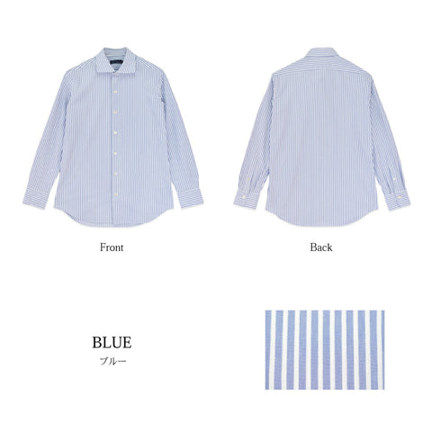 【日本製】長袖 ビジネスシャツ イージーケア ノンアイロン ワイドカラー ロンドンストライプ メンズ ブルー(SNKJ22-022-bl)