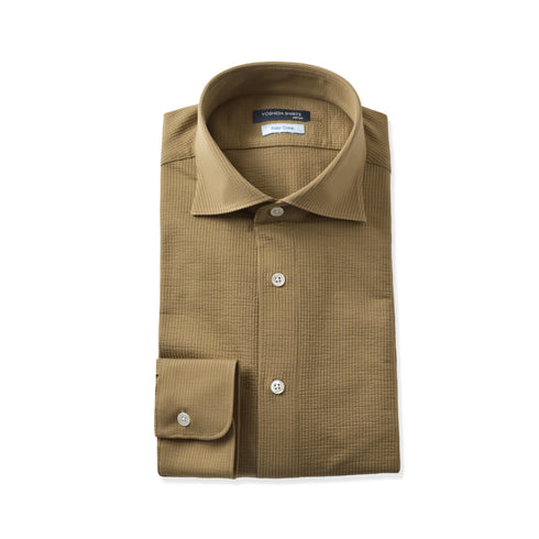 【日本製】 ワイシャツ メンズ 長袖 ビジネス 吸水速乾 ノーアイロン サッカー生地 無地 ワイドカラー クールマックス ベージュ(SNKN23-041-be)